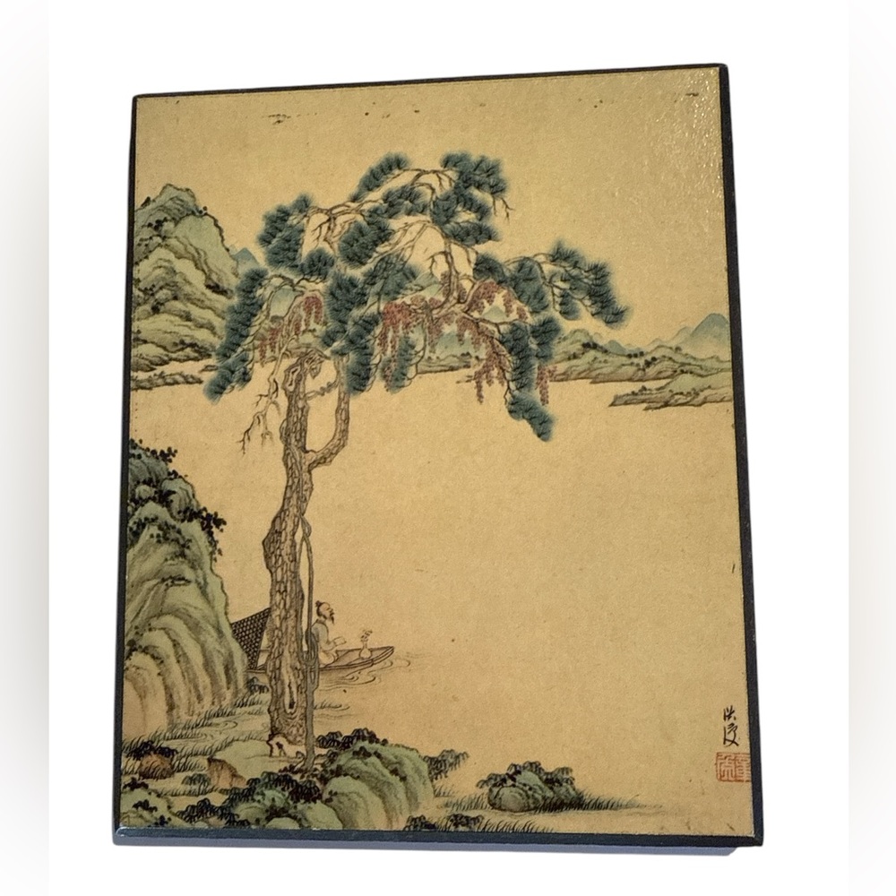 Vintage Asian-Inspired Wall Art Pair - Traditional Landscape Scenes Wood Backing - Picture 2 of 8